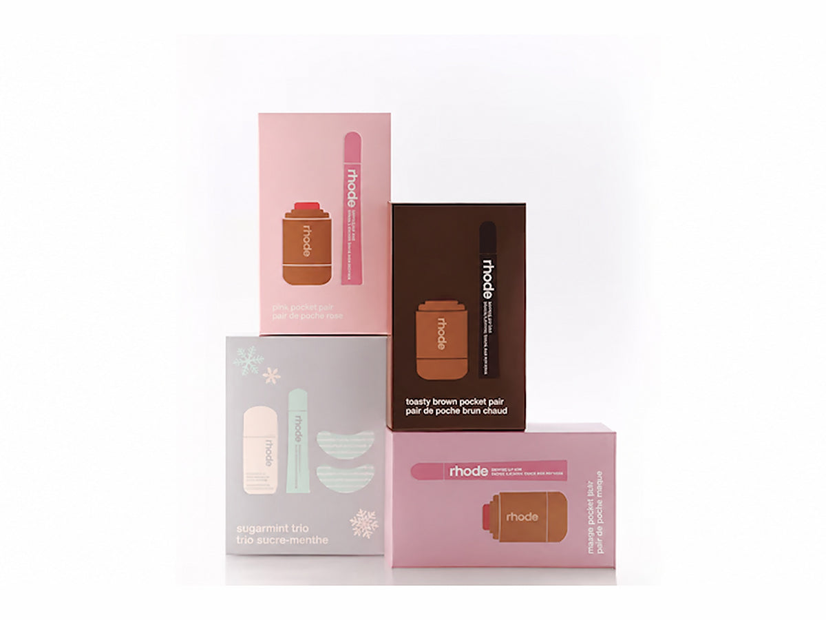 Sets navideños de Rhode: Pocket Pair pink, toasty brown y mauve, y Sugarmint Trio